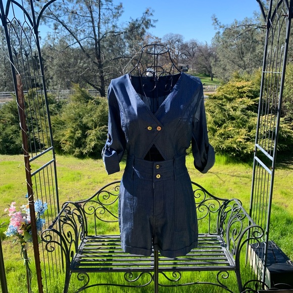bebe Pants - Bebe light weight navy denim romper , just like shorts and top put together